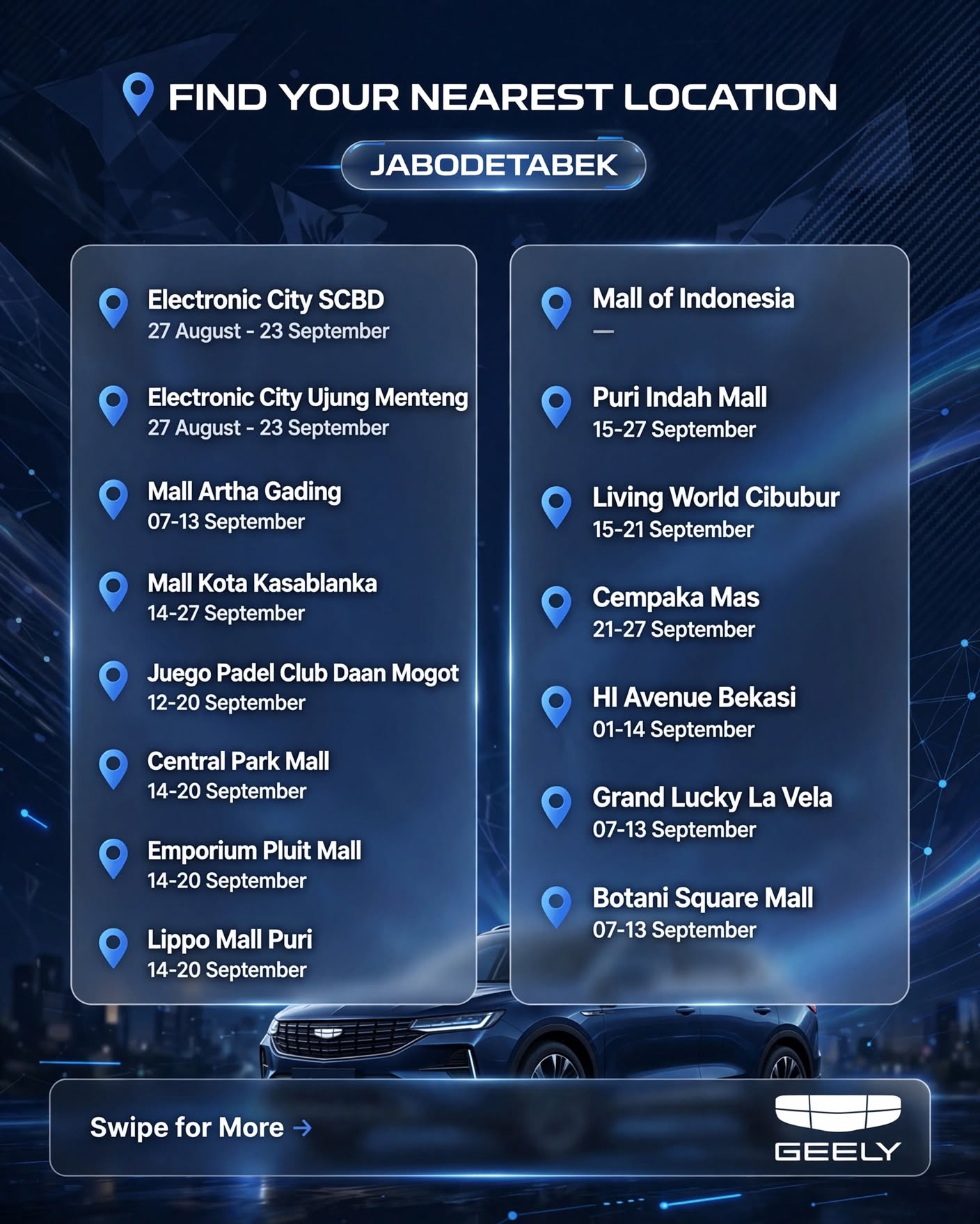 Jadwal pameran geely jakarta, geely bekasi, geely tangerang, geely depok, geely bogor, geely tangerang